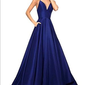 Royal Blue Spaghetti Strap V Neck Gown